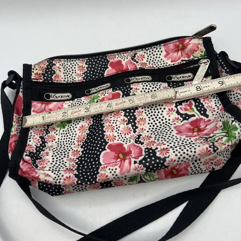 LeSportsac Pink Black Flowers Polka Dot Crossbody Purse 8.5